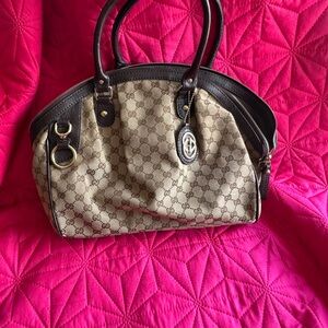 Gucci Beige Brown Monogram Dome Satchel with Gold Hardware